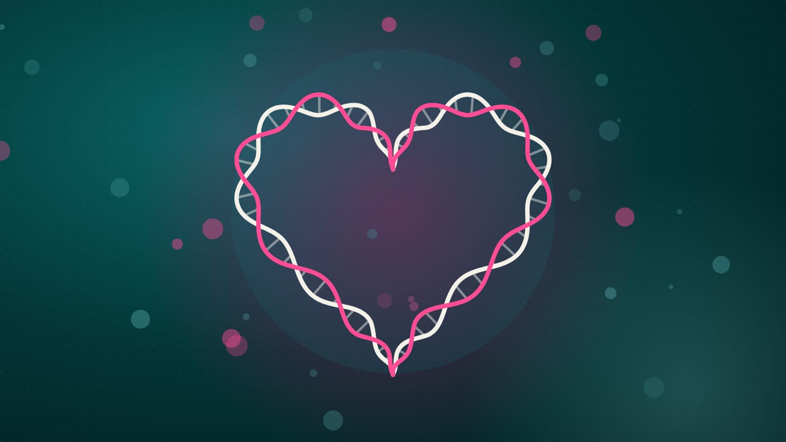 Illustration of a heart outline formed by two intertwined cream and pink DNA strands, surrounded by small pink and teal circles on a dark teal background.