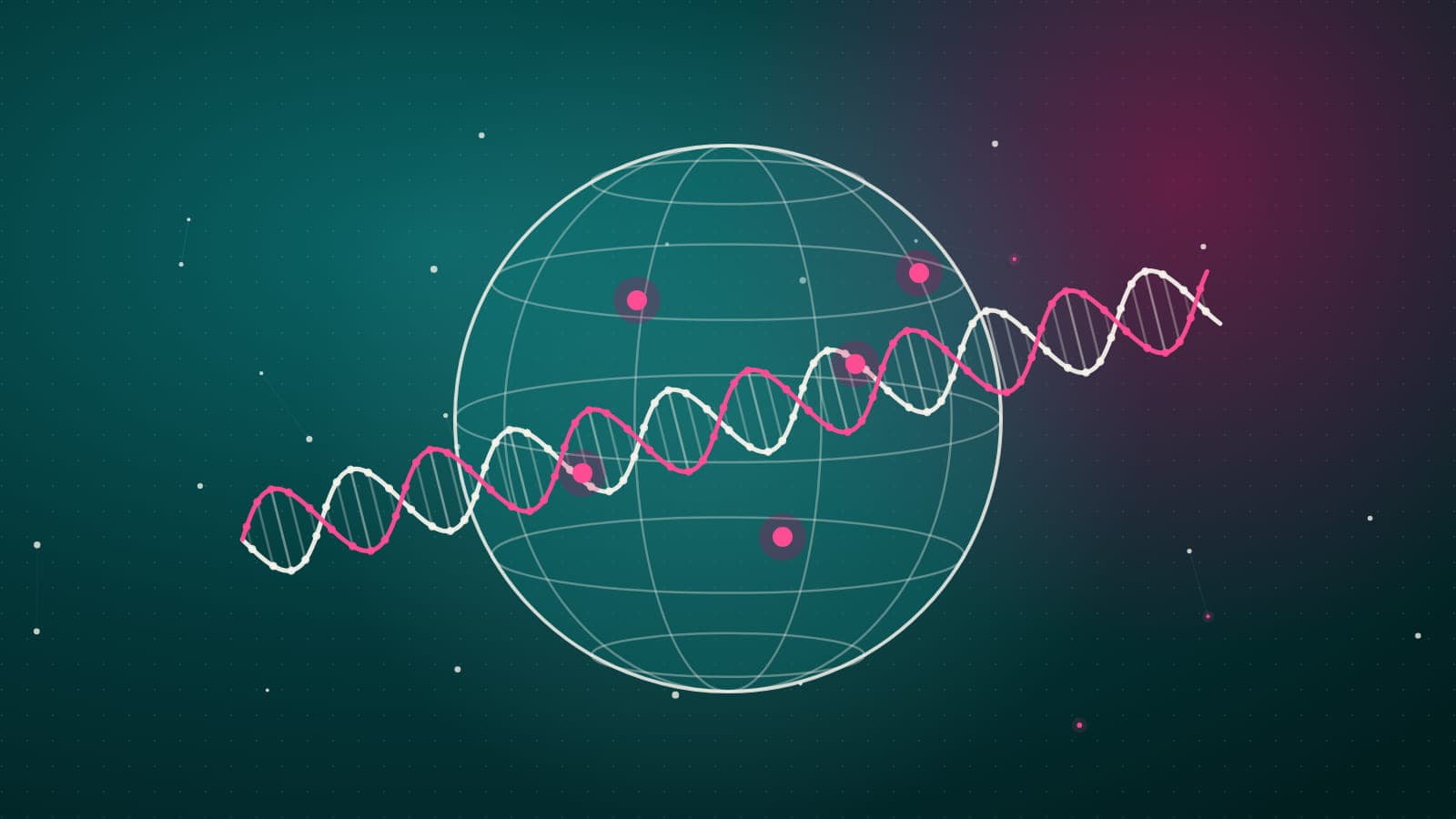 Illustration of a wireframe globe with a DNA helix passing around it like an orbit and pink points marking places on its surface, on dark teal.
