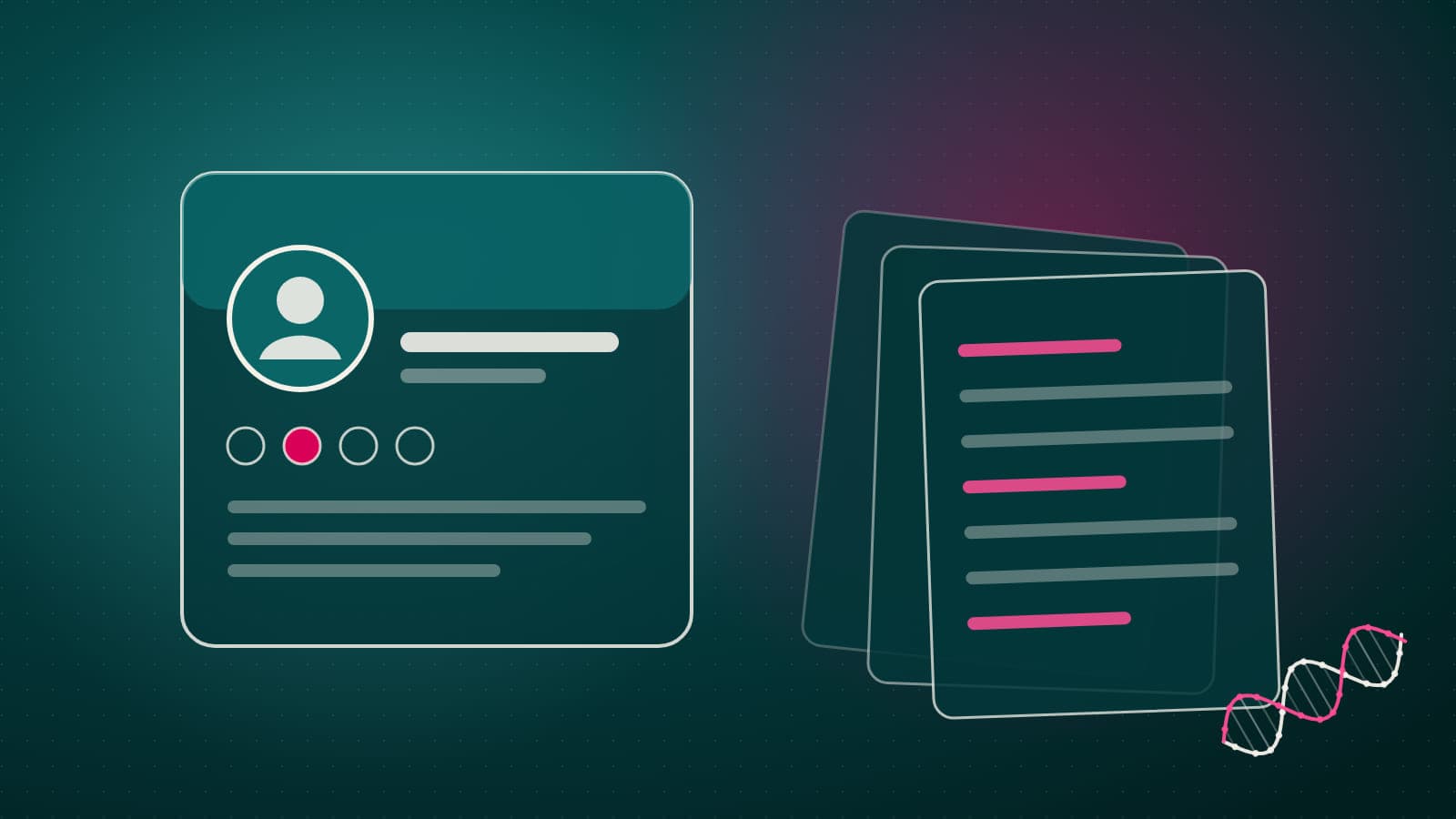Illustration of a member profile card with a portrait icon beside a stack of document pages and a small DNA helix, in cream and pink on dark teal.