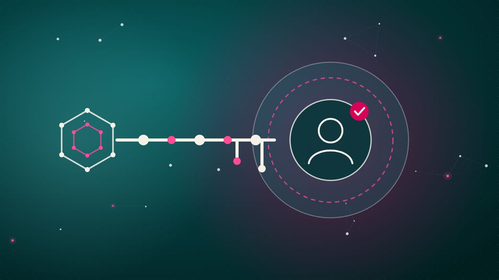 Illustration of a key built from a hexagonal molecule and a chain of atoms, beside a circular profile badge with a pink check mark, on a deep teal background.