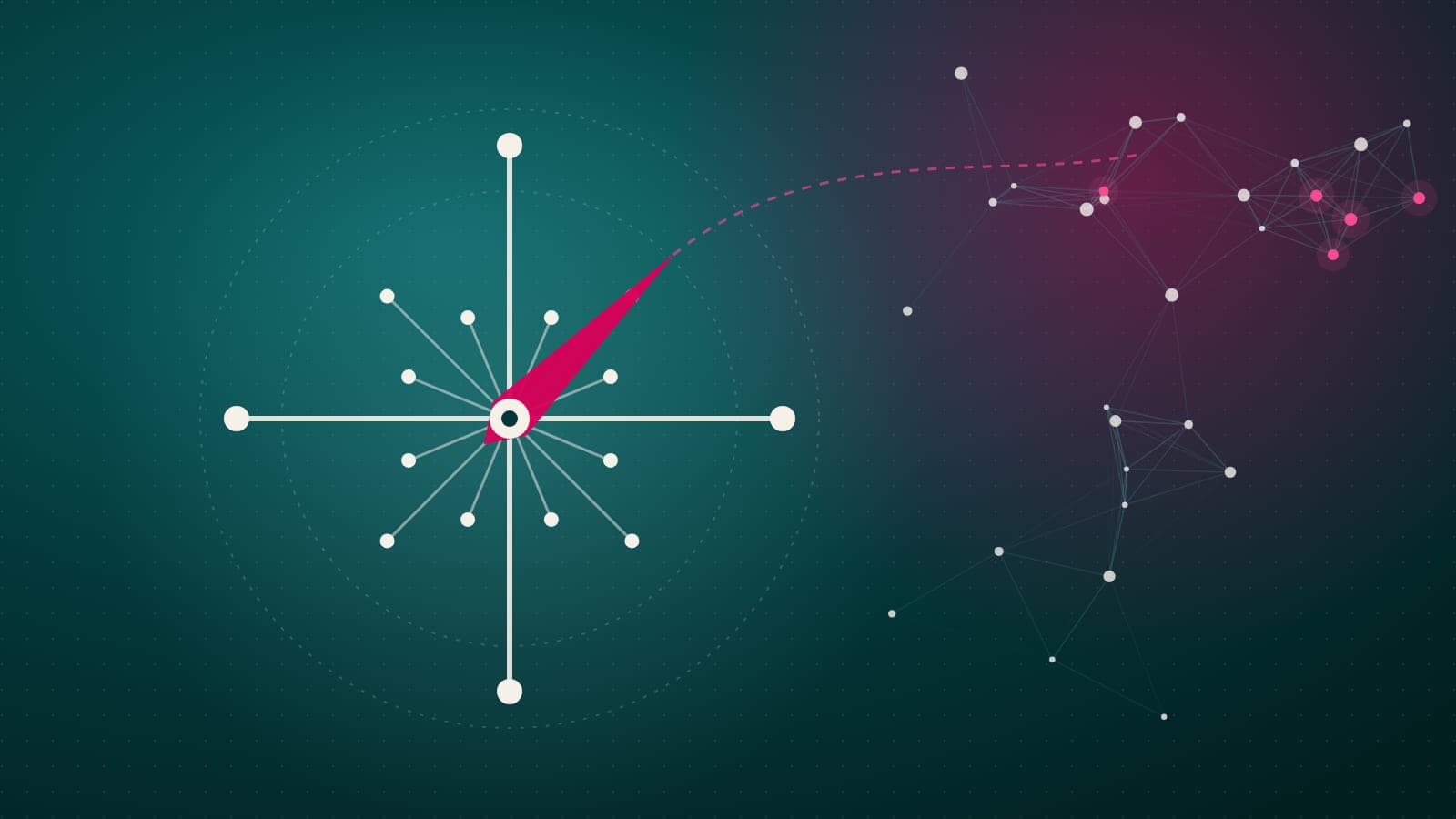 Illustration of a compass rose made of atoms and bonds, its pink needle pointing along a dotted path towards a cluster of connected nodes, on dark teal.
